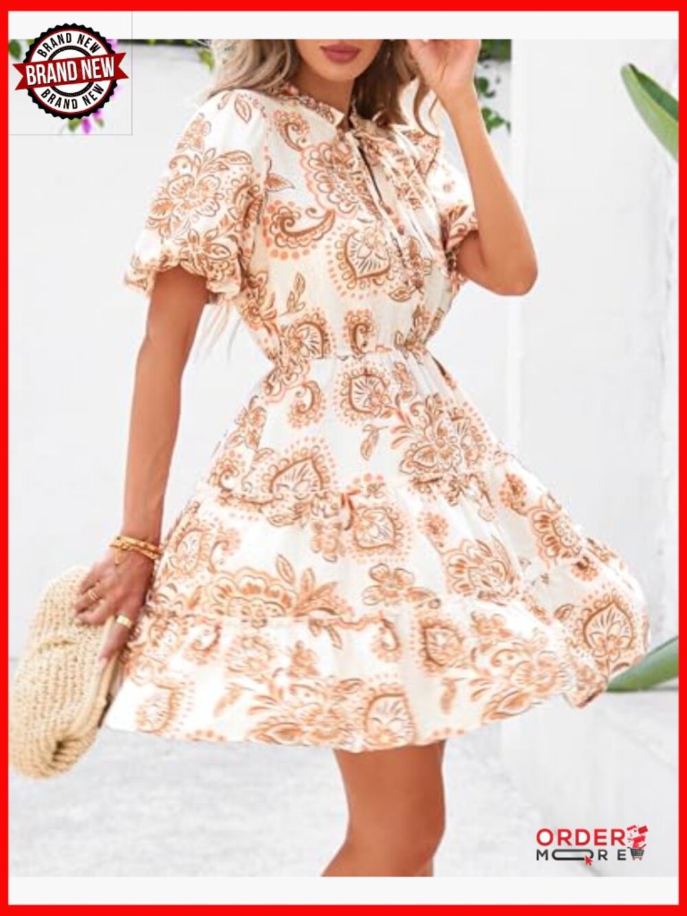 V Neck Floral Boho Mini Dress Short Sleeve Tiered Ruffle A-Line Summer - Picture 6 of 7